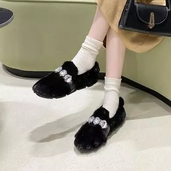 2024 Модная женская обувь, женские туфли на плоской подошве, горячая распродажа, повседневные туфли на плоской подошве с кристаллами, женские новые короткие плюшевые туфли больших размеров на плоской подошве с низким каблуком 35 чёрный