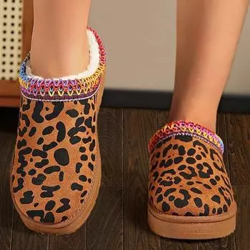 2024 Модная зимняя обувь с леопардовым принтом для женщин, удобные теплые плюшевые зимние ботинки для женщин, большие размеры, плоские каблуки, слипоны из хлопка 36 леопардовый