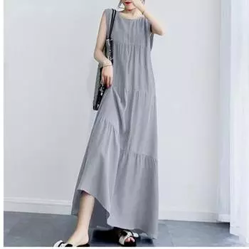 2024 модное летнее женское повседневное платье больших размеров без рукавов с круглым вырезом, длинные платья, женское элегантное свободное платье трапециевидной формы, женская одежда 24361 S серый