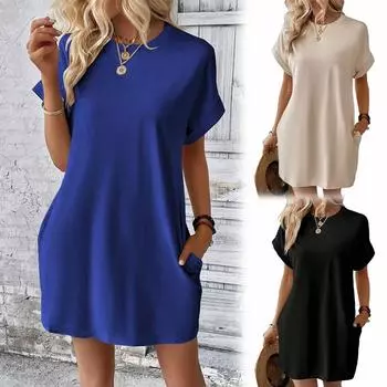 2024 модное новое женское платье, свободные повседневные летние топы с круглым вырезом и короткими рукавами, простое платье S чёрный