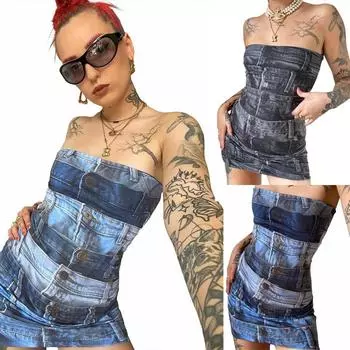 2024 Модное облегающее платье с открытой спиной и запахом на бедрах для женщин с принтом S синий