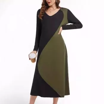 2024 Модное платье с цветными блоками и V-образным вырезом, длинными рукавами S серый