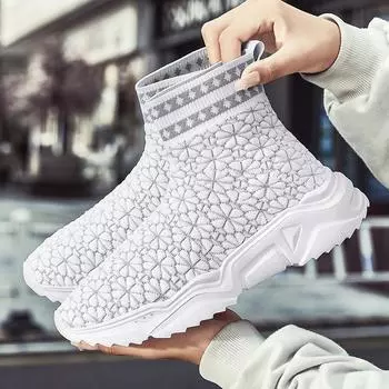 2024 Модные белые высокие женские носки, плетеные дышащие кроссовки на платформе, мужские удобные легкие носки, кроссовки для пары 36