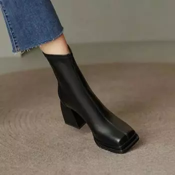 2024 Модные ботильоны на низком квадратном каблуке из искусственной кожи, повседневные короткие ботинки с квадратным носком и молнией, зимняя женская обувь, размер 34-39 Botas 34 чёрный