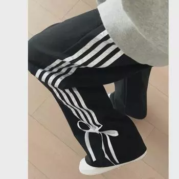 2024 Модные черные полосатые прямые повседневные брюки с бантом из ленты S