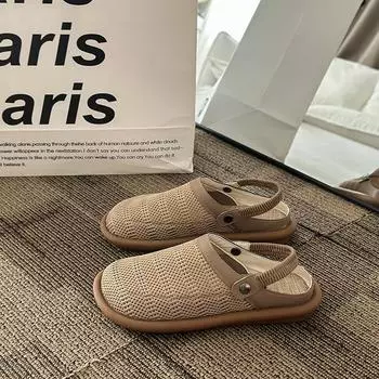 2024 модные хиты продаж, летние новые сандалии с сетчатым носком, женские сандалии с мягкой подошвой и плоским дном, полые, большого размера, двухразовые сандалии 35 хаки