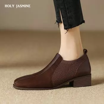 2024 Модные квадратные туфли на толстом каблуке 3 см для женщин Осенние туфли-лодочки из натуральной кожи Женская обувь с квадратным носком Офисная обувь Женская 34 чёрный