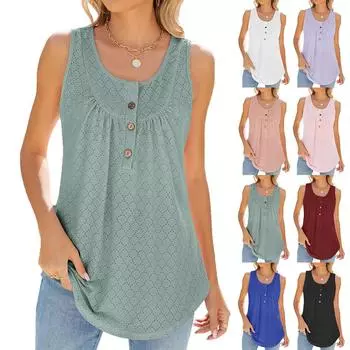 2024 модные летние однотонные повседневные женские топы без рукавов с круглым вырезом и пуговицами L