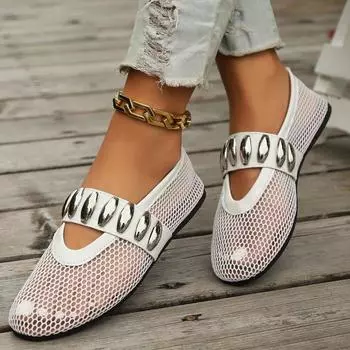 2024 Модные летние однотонные сетчатые дышащие женские туфли на плоской подошве с металлическими украшениями на низком каблуке с неглубоким носком Zapatos De Mujer 36 белый