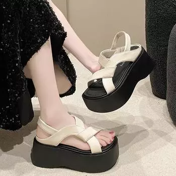 2024 модные летние женские сандалии повседневные женские туфли на танкетке 8 см высокие каблуки внешние сандалии женские босоножки на платформе женские 34 чёрный