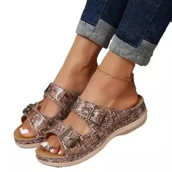 2024 Модные летние женские тапочки с закрытым носком, летняя обувь, удобные женские сандалии на танкетке с двойной пряжкой, повседневные тапочки на платформе 35 чёрный