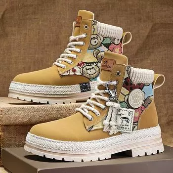 2024 Модные мужские теплые высокие ботинки Martin с бархатной подкладкой — большой размер, повседневный британский кожаный дизайн 40 хаки