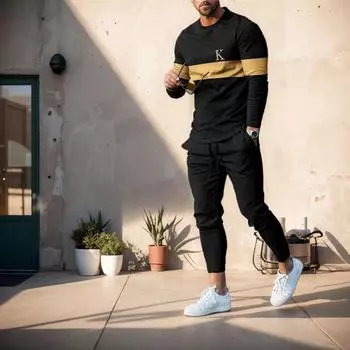 2024 Модные мужские топы, брюки, спортивный костюм, спортивная одежда, футболка с длинным рукавом, длинные спортивные штаны, уличная одежда, комплекты из 2 предметов, мужская одежда S