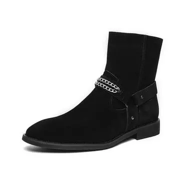 2024 Модные новые мужские кожаные туфли с высоким верхом в британском стиле Повседневные короткие ботинки Мужские банкетные ботинки Челси с острым носком 38 чёрный