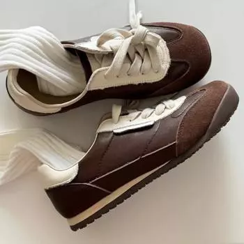 2024 модные новые разноцветные плоские кроссовки женские на шнуровке с круглым носком в стиле ретро мягкие удобные повседневные кроссовки 35 коричневый