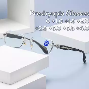 2024 Модные очки Cut Edge High-definition для пресбиопии, безрамные очки для чтения с металлической отделкой, анти-синий свет 0 золотой