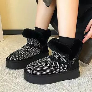 2024 Модные однотонные новые плюшевые теплые женские ботильоны зимние женские блестящие зимние ботинки на толстой подошве повседневные туфли на плоской подошве 35 покинуть белый