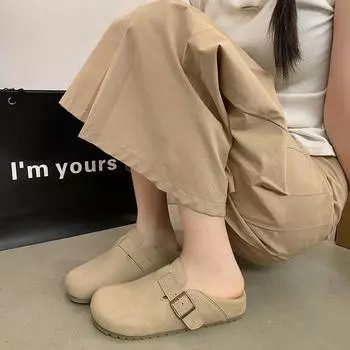 2024 Модные однотонные удобные универсальные женские туфли, тапочки, женские замшевые модные пляжные тапочки с мягкой подошвой, домашние мюли 35 хаки