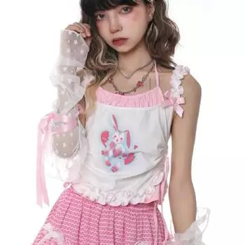 2024 модные пикантные милые майки с мультяшным принтом женские Y2k эстетические топы с лямкой на шее и бантом в стиле пэчворк кружевные базовые укороченные топы с открытой спиной L розовый