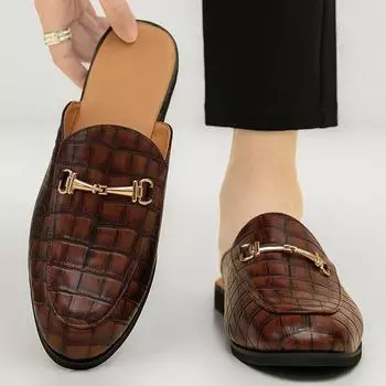 2024 Модные полутапочки Модные мужские туфли Muller Slip-on из кожи Повседневная износостойкая обувь для ходьбы на открытом воздухе Летние мужские туфли на плоской подошве 38 чёрный