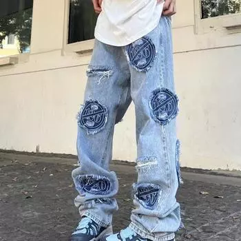 2024 Модные потертые потертые джинсы в стиле ретро, мужская вышитая нашивка, уличные повседневные прямые брюки S синий