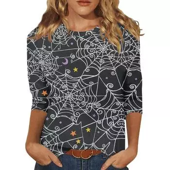 2024 Модные рубашки с рукавами для женщин Милые футболки с принтом на Хэллоуин Блузки Повседневные топы больших размеров Базовые пуловеры S