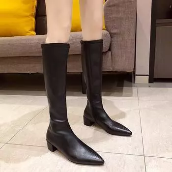 2024 Модные сапоги на толстом каблуке, высокие сапоги до колена с острым носком, зимняя женская обувь 35 чёрный