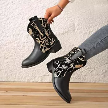 2024 модные сапоги с большим толстым каблуком, подходящие по цвету, осенние женские остроносые ботинки British Martin с V-образным вырезом 35 чёрный