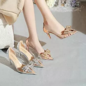 2024 Модные серебристые туфли-лодочки из ПВХ со стразами и бантом, прозрачные женские туфли-лодочки на шпильках, осенние туфли на высоком каблуке, сексуальные туфли для невесты, свадебное платье 34 шампанского