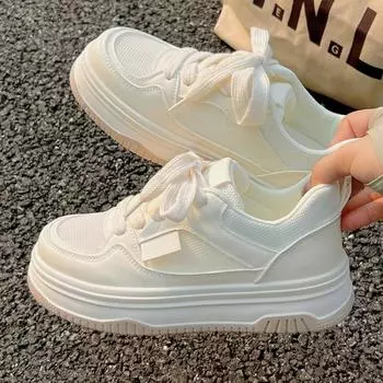2024 Модные сетчатые повседневные туфли на плоской подошве для женщин на шнуровке женские кроссовки на платформе с круглым носком Zapatillas Casual Mujer для лета 35 белый