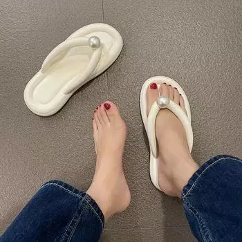 2024 Модные шлепанцы с жемчугом для женщин, летние туфли с клипсой на носке, мягкие пляжные тапочки для женщин, для ванной комнаты, противоскользящие горки 36-37 зелёный