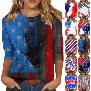2024 модные топы с рукавами 3/4 для женщин, футболка, повседневные топы с принтом ко Дню независимости, футболка, пуловер с круглым вырезом, блузка L синий
