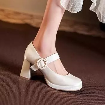 2024 Модные туфли Мэри Джейн Женские платья на высоком каблуке Однотонные туфли с пряжкой и ремешком на высоком каблуке Zapatos De Mujer 34 бежевый