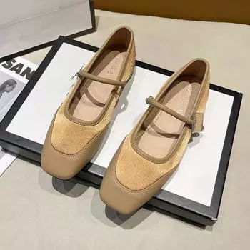 2024 Модные туфли на плоской подошве для женщин из натуральной коровьей кожи с квадратным носком и металлическими украшениями в стиле пэчворк, женская обувь ручной работы 35 абрикосовый