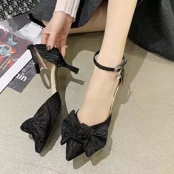 2024 Модные туфли на высоком каблуке с острым носком и бантом, женские туфли на каблуке, женская обувь для офиса, вечеринки, свадьбы, женские туфли-лодочки на шпильке 34 чёрный
