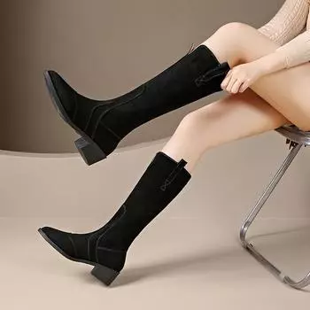 2024 Модные универсальные женские сапоги Однотонные остроносые рыцарские кожаные сапоги до колена Осенние и зимние джинсовые сапоги в стиле вестерн 36 коричневый