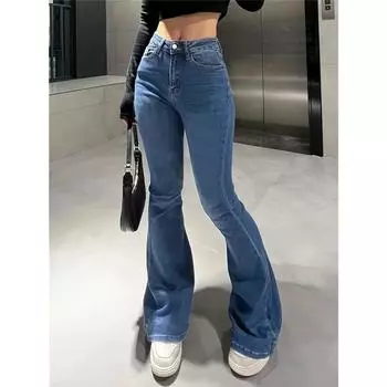 2024 Модные утягивающие джинсы с высокой талией для женщин с кроем «ботинок» L синий