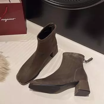 2024 Модные высококачественные туфли на квадратном каблуке для женщин, однотонные, с круглым носком, для улицы, нескользящие женские ботинки Botines Mujer 35