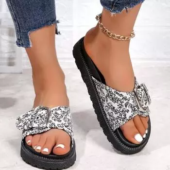 2024 модные заклепки пряжки плоские тапочки обувь для женщин летний отдых удобные прогулочные сандалии шлепанцы плюс размер черный 35 чёрный