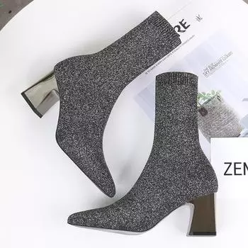 2024 Модные женские эластичные ботильоны на высоком каблуке, эластичные сапоги, женские черные сексуальные вязаные ботильоны с острым носком, Botas Mujer 34