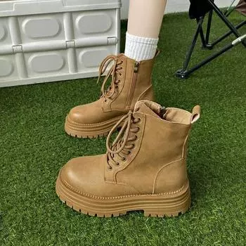 2024 Модные женские ботильоны, хит продаж, современные ботинки с круглым носком, средним каблуком, боковой молнией, перекрестной шнуровкой, женская обувь 35 хаки