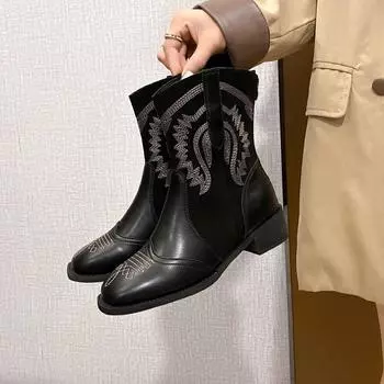 2024 Модные женские ботильоны с острым носком, дизайнерские женские ботильоны с пряжкой, вышитые туфли на квадратном каблуке, туфли-лодочки для женщин 35 чёрный