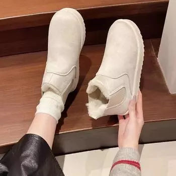 2024 Модные женские ботинки Универсальные однотонные женские ботинки на плоской подошве с круглым носком, без застежек, разноцветные, для сохранения тепла зимой 36 бежевый