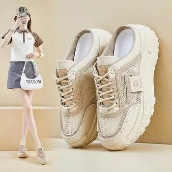 2024 Модные женские дышащие сетчатые туфли для пап: Полуподдержка, толстая подошва, увеличивающая рост XW027 40 хаки