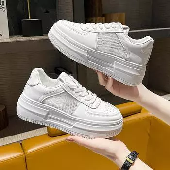 2024 Модные женские кроссовки, летние полые дышащие сетчатые повседневные туфли с круглым носком, на шнуровке, на толстой подошве, вулканизированные туфли для женщин 35 белый
