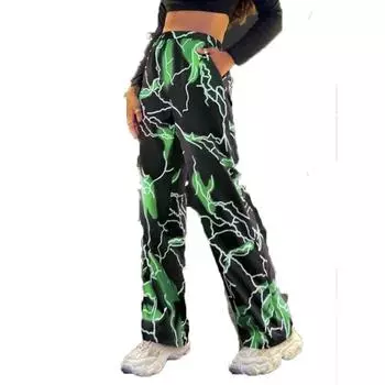 2024 модные женские мешковатые брюки, уличная одежда, спортивные штаны с высокой талией, спортивные штаны с принтом, широкие длинные брюки для танцев, 26192 S синий