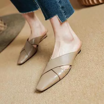 2024 Модные женские новые весенне-летние туфли из натуральной коровьей кожи с квадратным носком на высоком каблуке и тапочки большого размера Baotou Muller 34 хаки