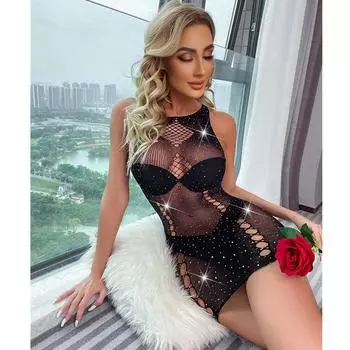 2024 Модные женские облегающие платья со стразами в сеточку, сексуальные сетчатые ажурные прозрачные пляжные платья, женское эротическое мини-платье XXS