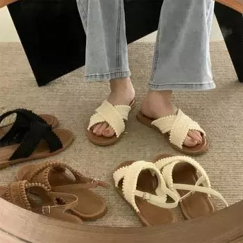 2024 модные женские сандалии, женские вязаные летние сандалии на плоском каблуке Roma, кожаные женские шлепанцы с перекрестной завязкой, женские сандалии 35