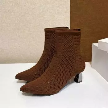 2024 Модные женские сапоги с острым носком из сетки, однотонные ботинки телесного цвета на тонком каблуке, деловые женские сапоги для весны и осени 35 бежевый